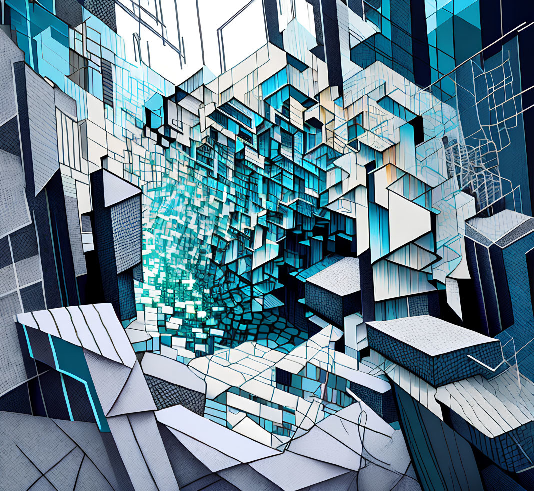 Blue and White Geometric Cubes in Abstract Digital Art