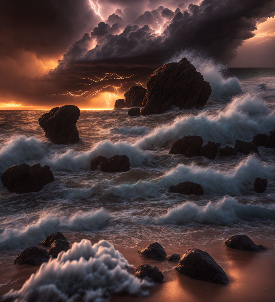 Stormy Ocean Scene: Crashing Waves, Lightning, Sunset Sky