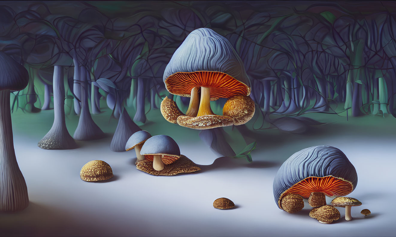 Vibrant blue and orange oversized mushrooms in surreal forest landscape