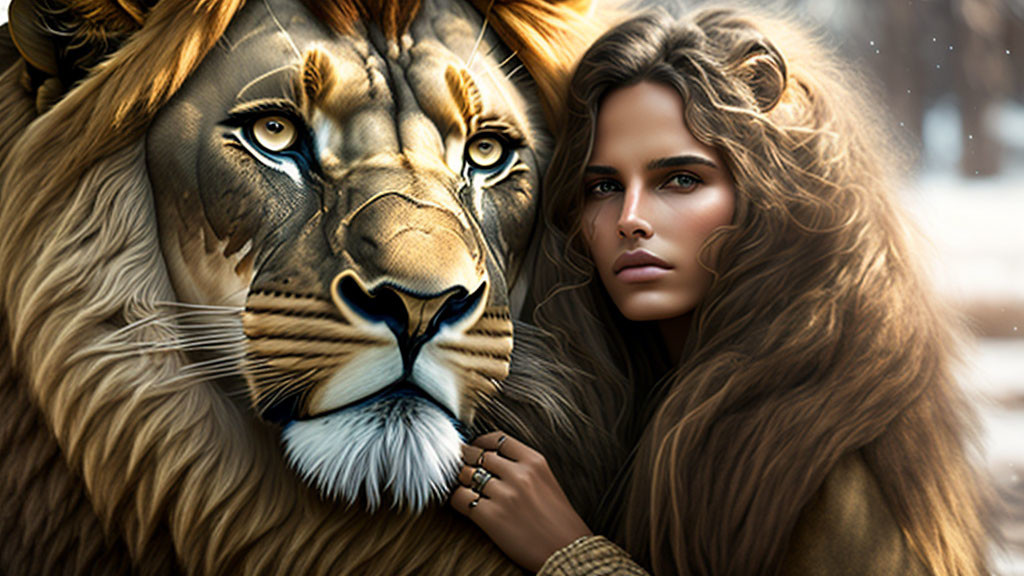 brave lion with a girl
