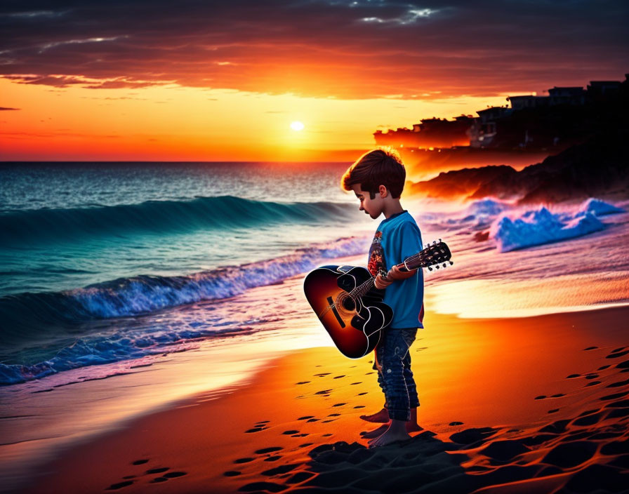 Boy with guitar at the beach
