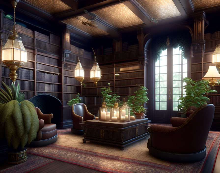 Cozy library with lounge and plants. 