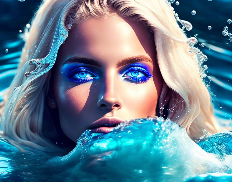 girl with blonde hair and blue eyes in the water