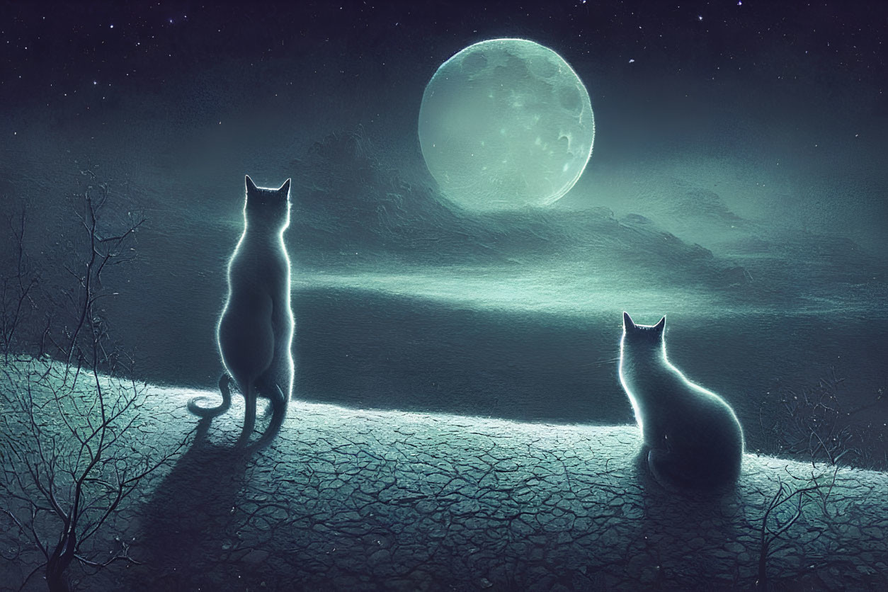 Silhouetted cats under glowing full moon on road