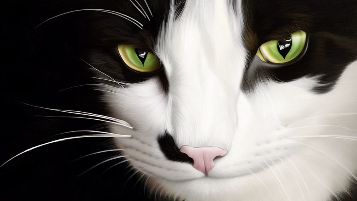 Detailed black and white cat illustration with green eyes and whiskers