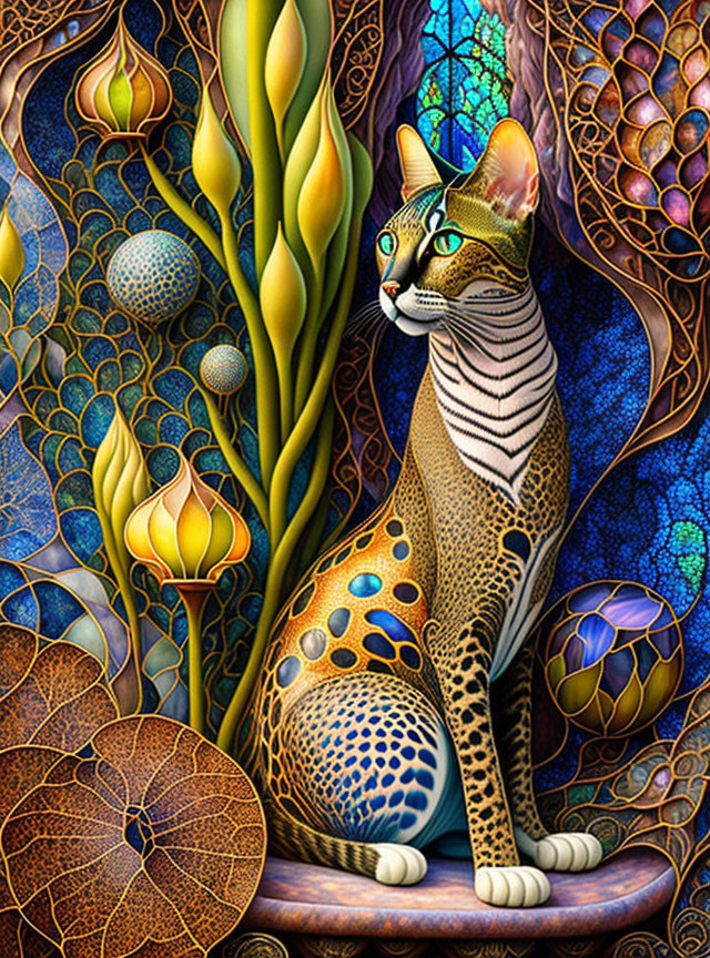 Colorful Stylized Cat in Intricate Stained Glass Patterns