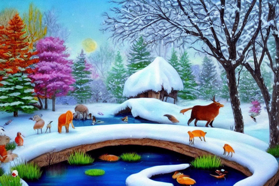 Seasonal Transition Painting: Snowy Cottage & Colorful Landscape