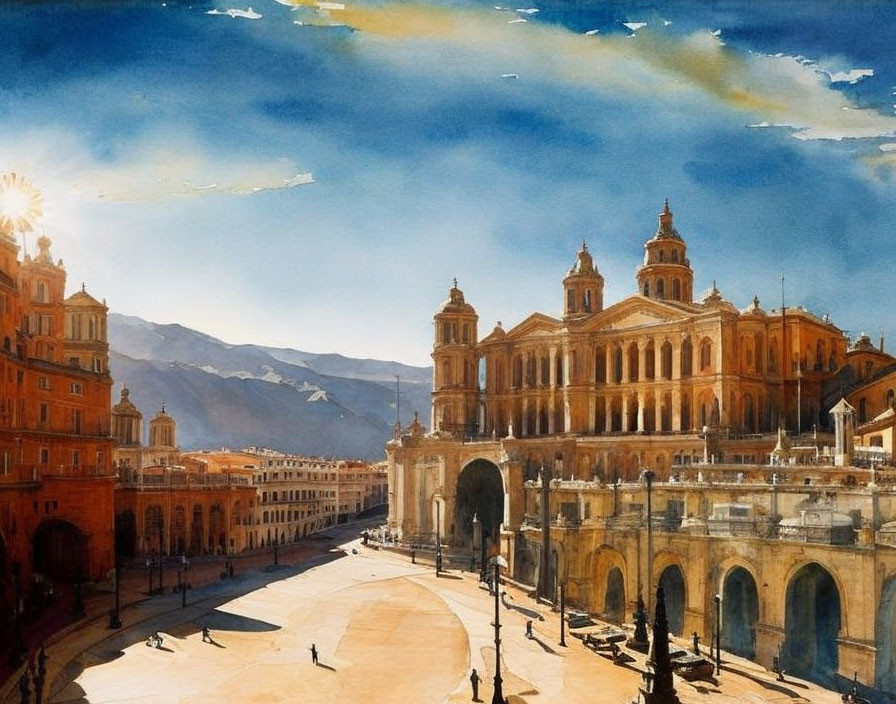 European square watercolor painting with baroque buildings under blue sky