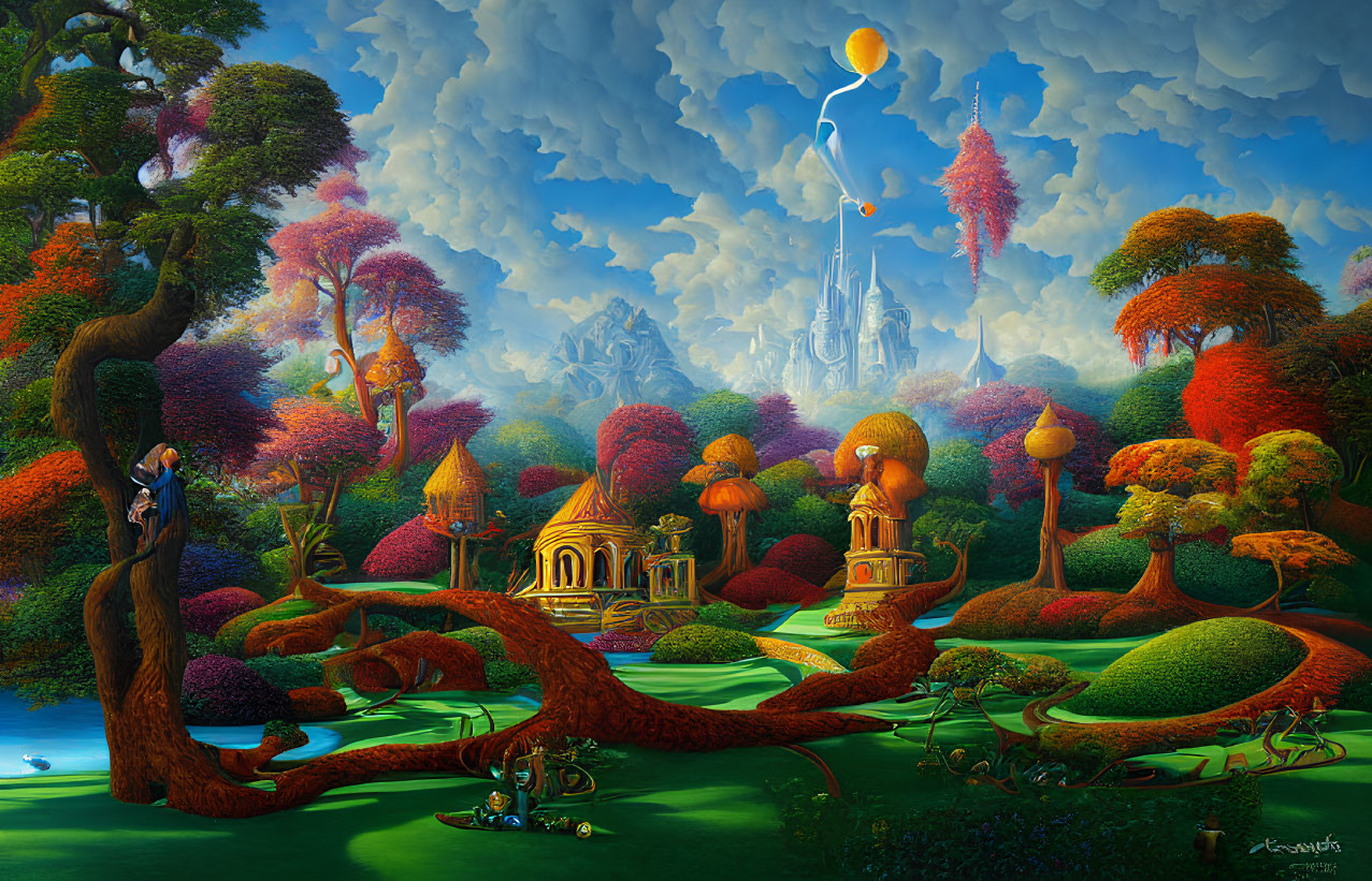 Colorful Trees and Whimsical Architecture in Vibrant Fantasy Landscape