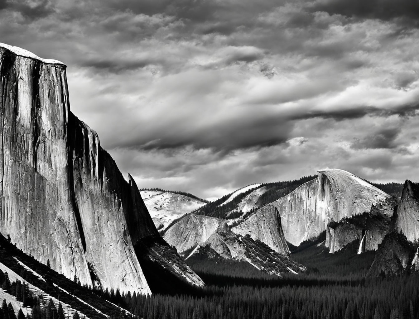 Monochrome landscape: Majestic mountain, dramatic sky, forested valley