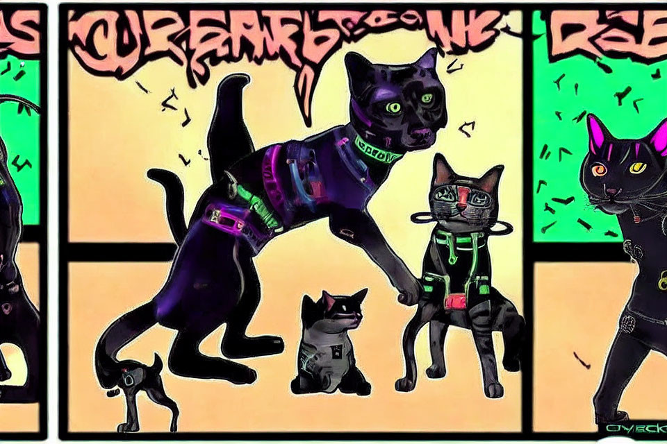 Cyberpunk cats in neon gear, striking action poses on graffiti backdrop