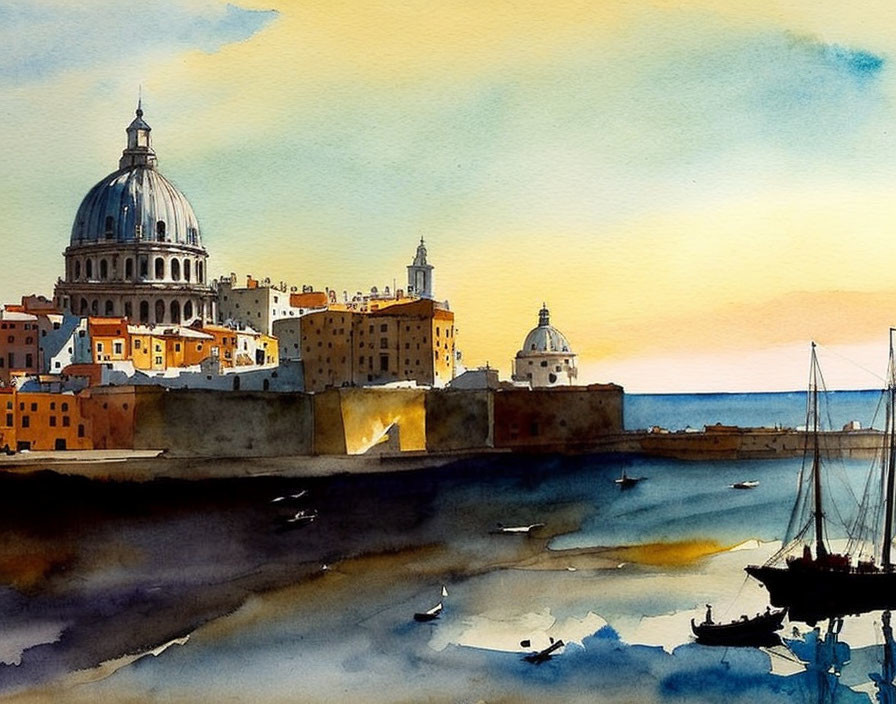 Coastal Cityscape Watercolor Painting at Sunset