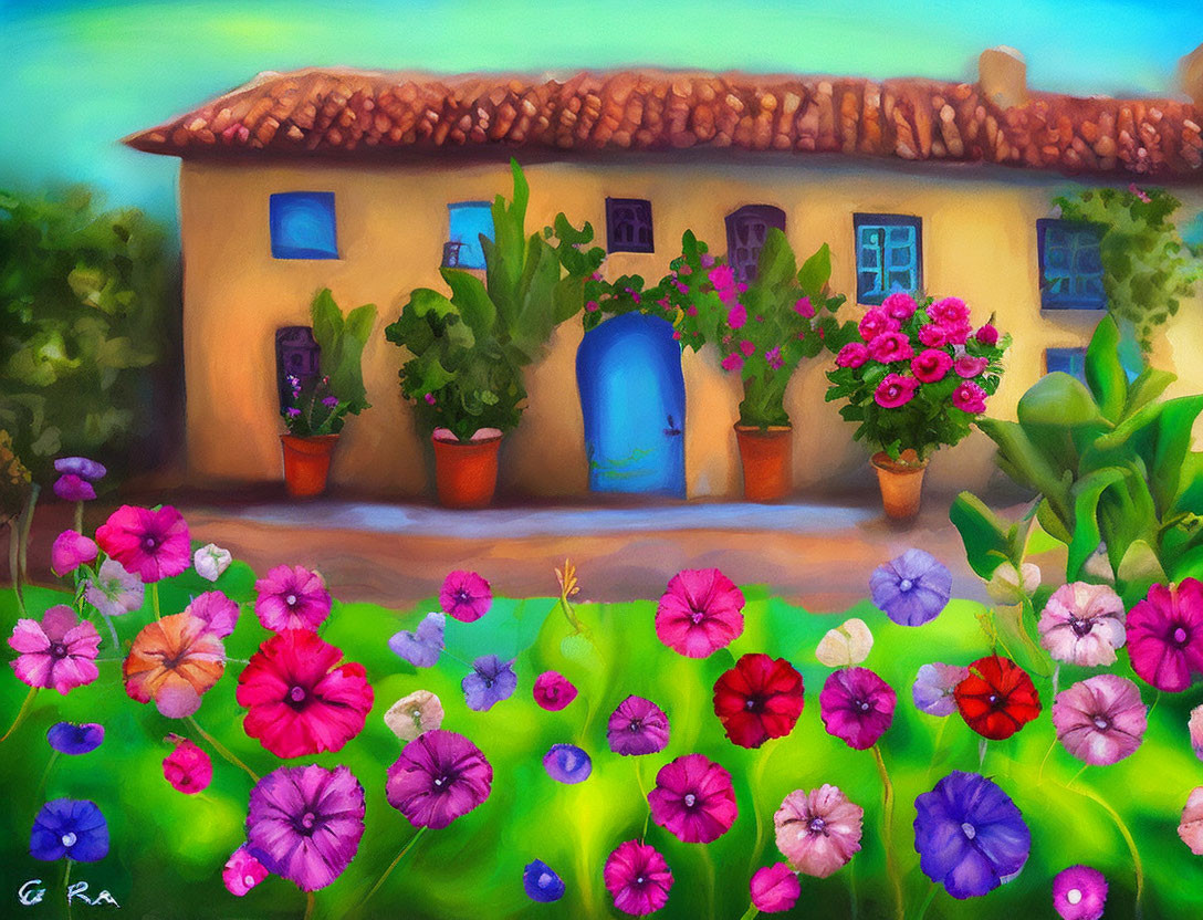 Colorful painting of rustic house with blue door and blooming flowers