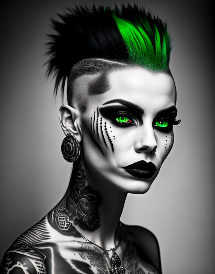 Portrait of a person with green spiked hair and dramatic makeup