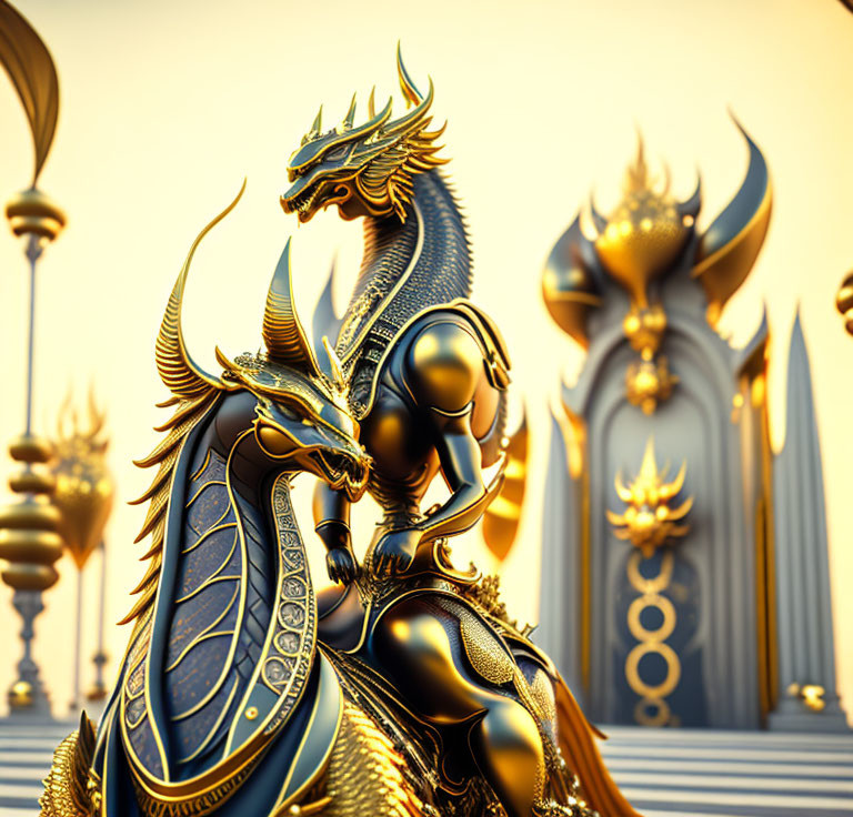 Golden dragon-headed warrior in ornate armor at fantastical palace