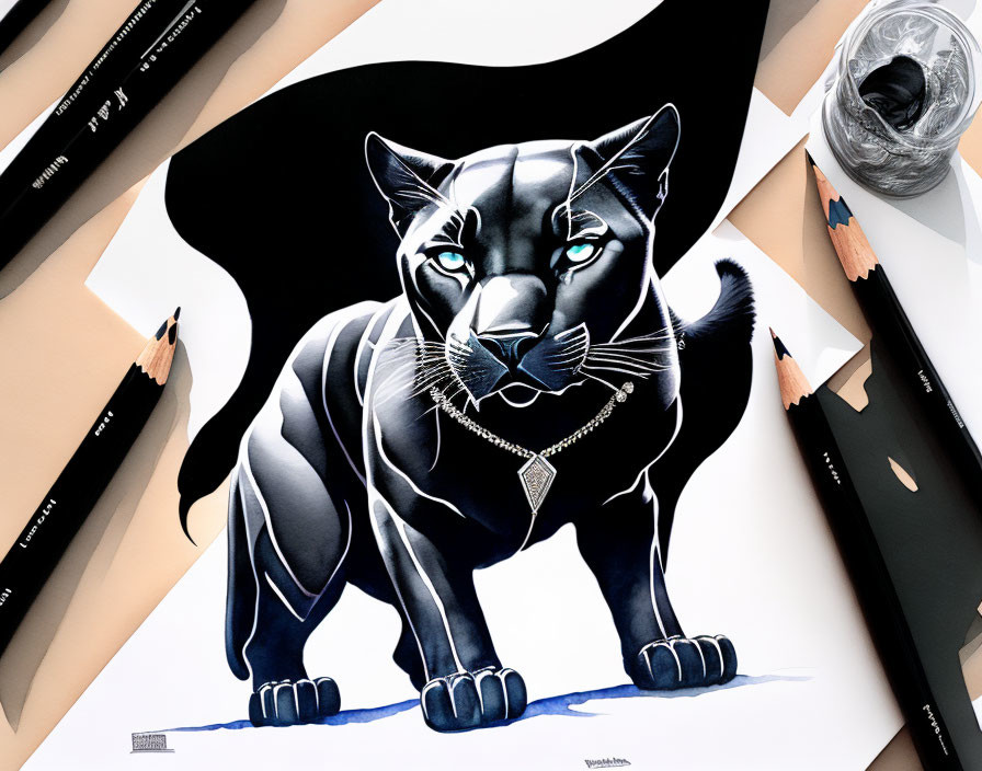 Black Panther Drawing with Blue Highlights Surrounded by Pencils on Table