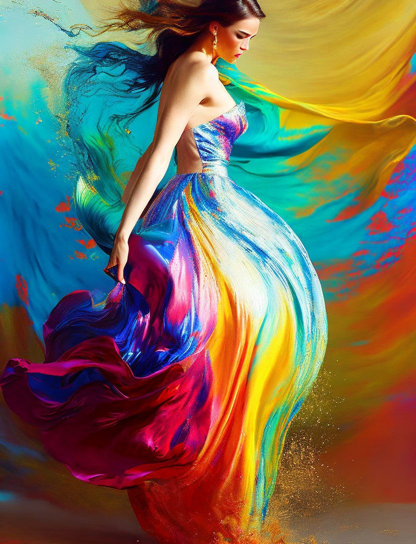 Vibrant woman in flowing dress against colorful backdrop