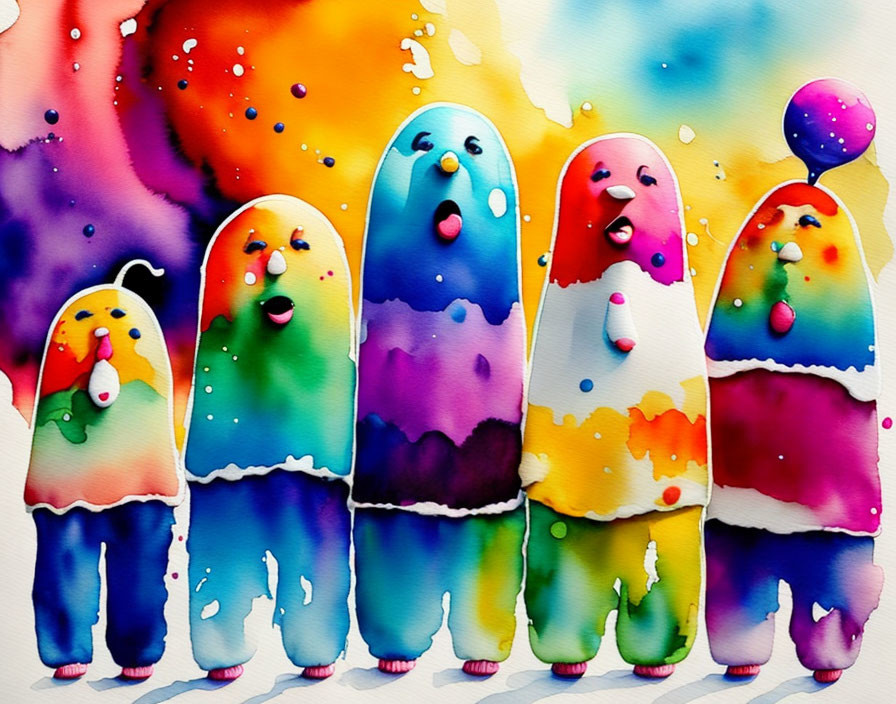 Colorful Cartoon-Like Figures in Whimsical Watercolor Art
