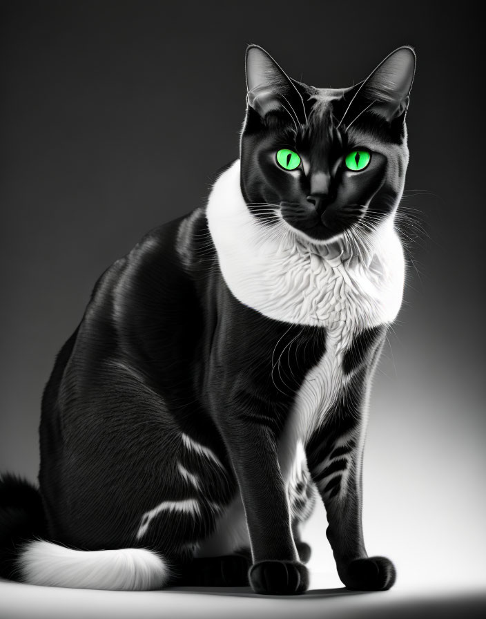 Black Cat with Green Eyes and White Chest Patch on Grey Background