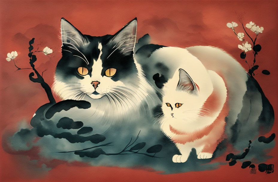 Stylized black and white cats on warm red background with ink-style florals