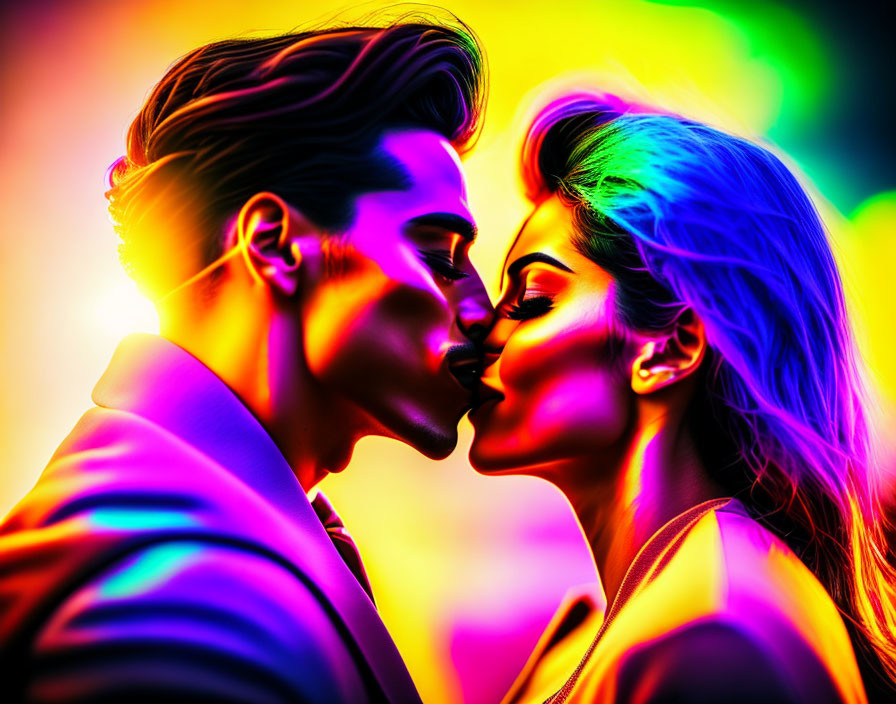 Colorful Neon Rainbow Profile Silhouette Image of Man and Woman Close Together