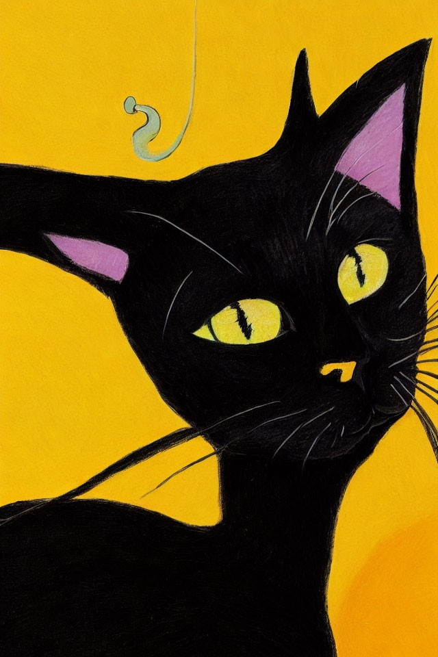 Detailed Illustration of Black Cat with Yellow Eyes on Yellow Background