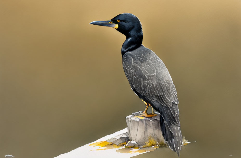 Black Cormorant Perched on Wooden Stump with Blurred Background