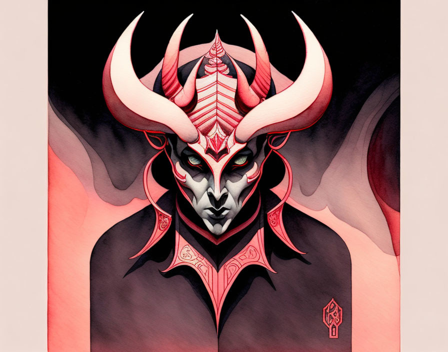 Stylized character with red and white horns and malevolent gaze