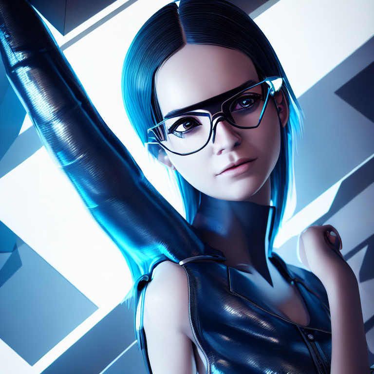 Female character with blue hair and glasses in black outfit on geometric blue & white background