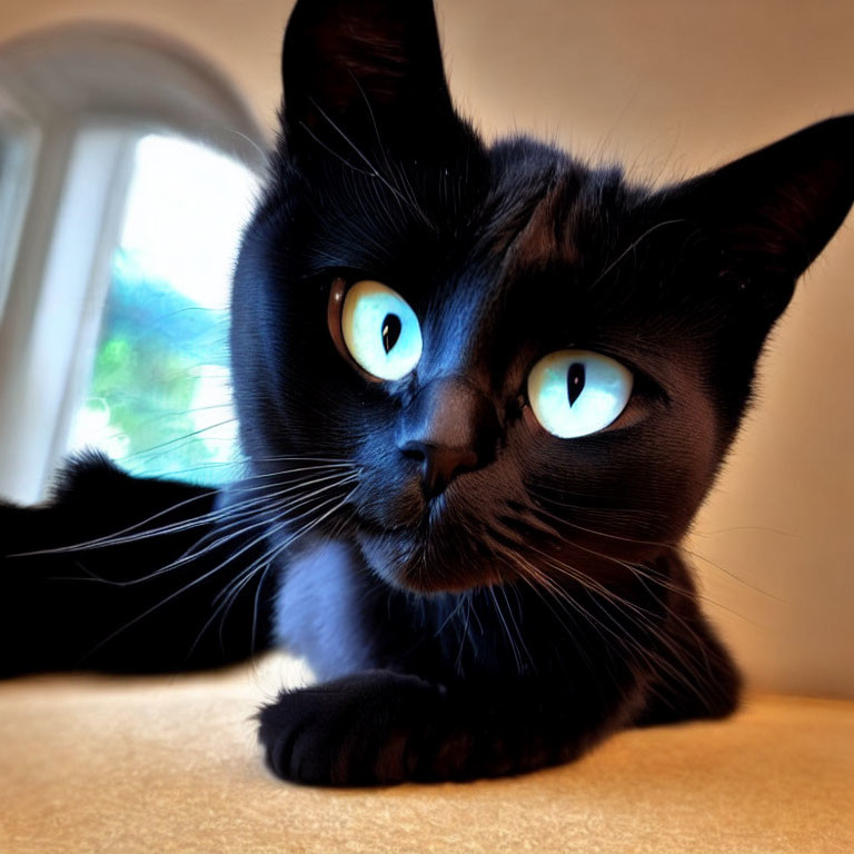 Black Cat with Turquoise Eyes Sitting Indoors under Window Light