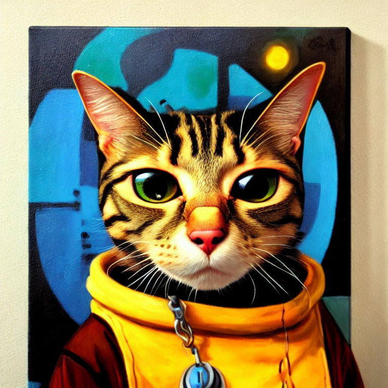 Vibrant painting of stylized cat with human-like eyes in yellow hoodie on abstract background