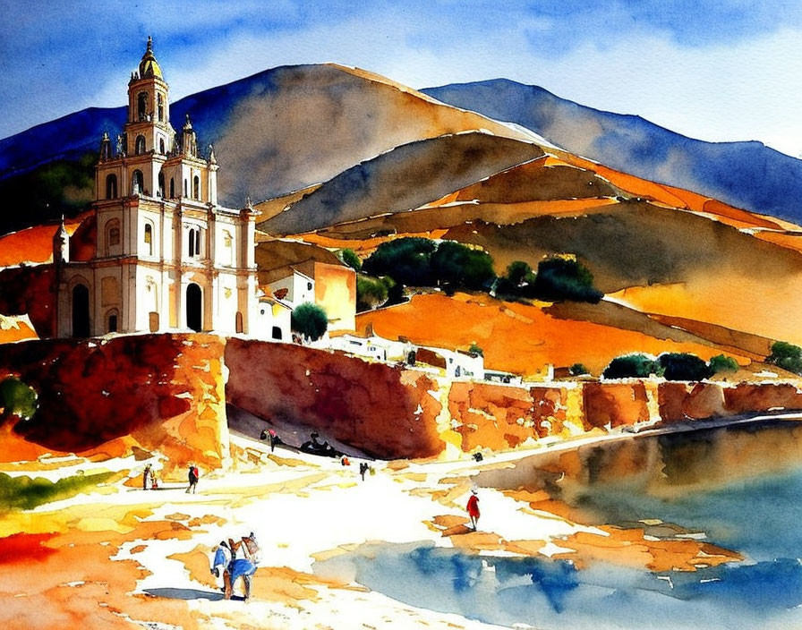 Scenic watercolor painting: church with bell tower, rolling hills, people walking by waterfront.