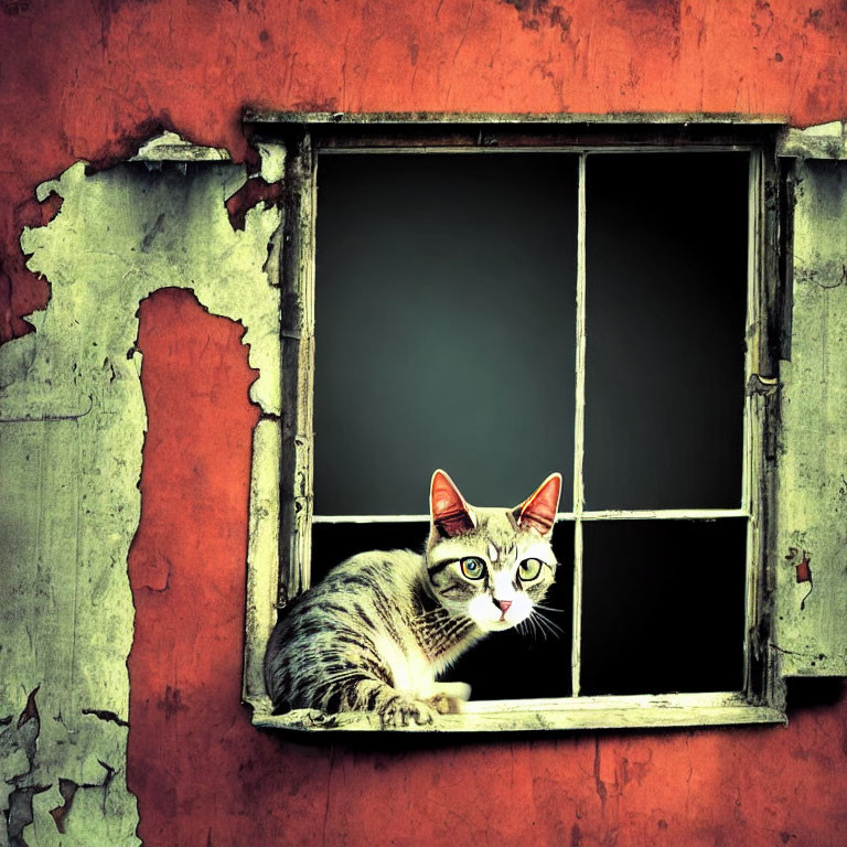 Striking-Eyed Cat in Weathered Window Frame