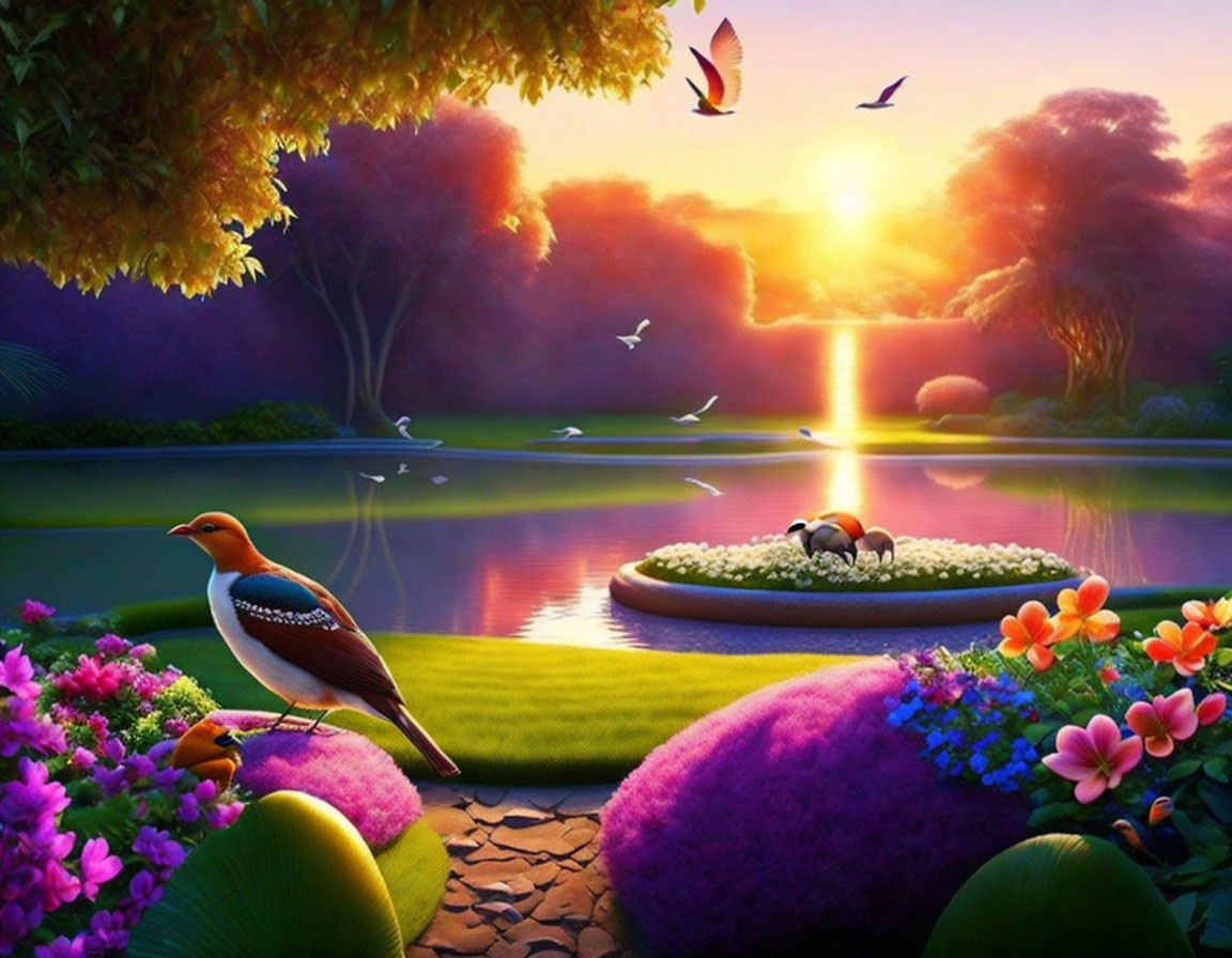 Serene garden at sunset with bird, colorful flora, calm pond
