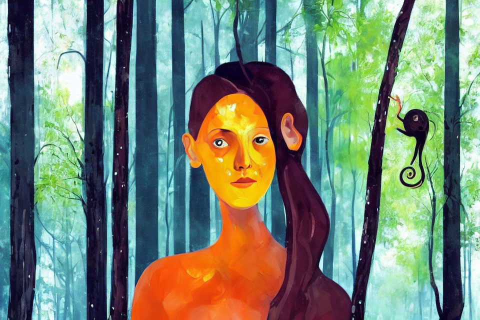 Colorful illustration of woman with golden face in forest with monkey