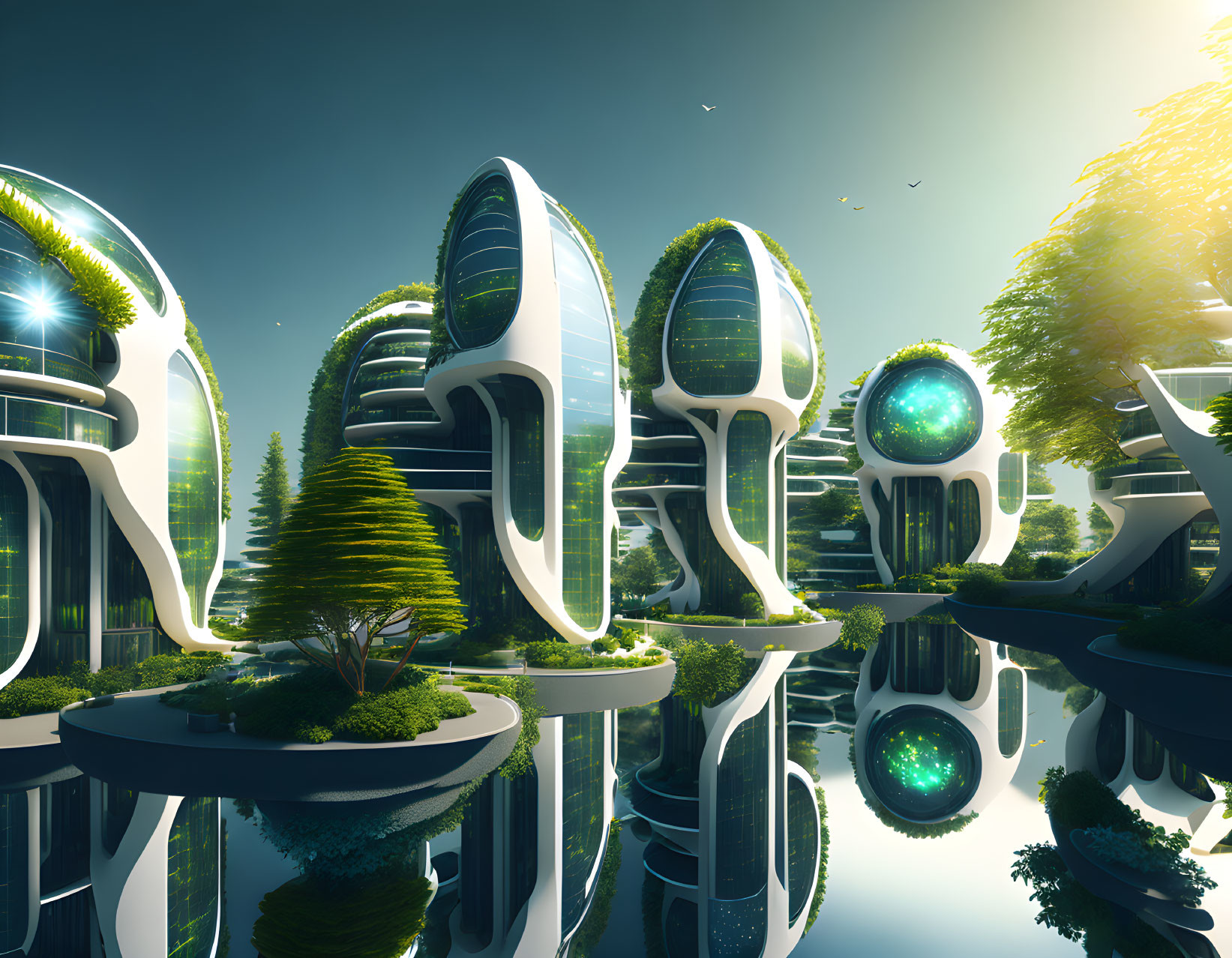 Futuristic cityscape with greenery, curved buildings, water reflection, and birds in clear sky