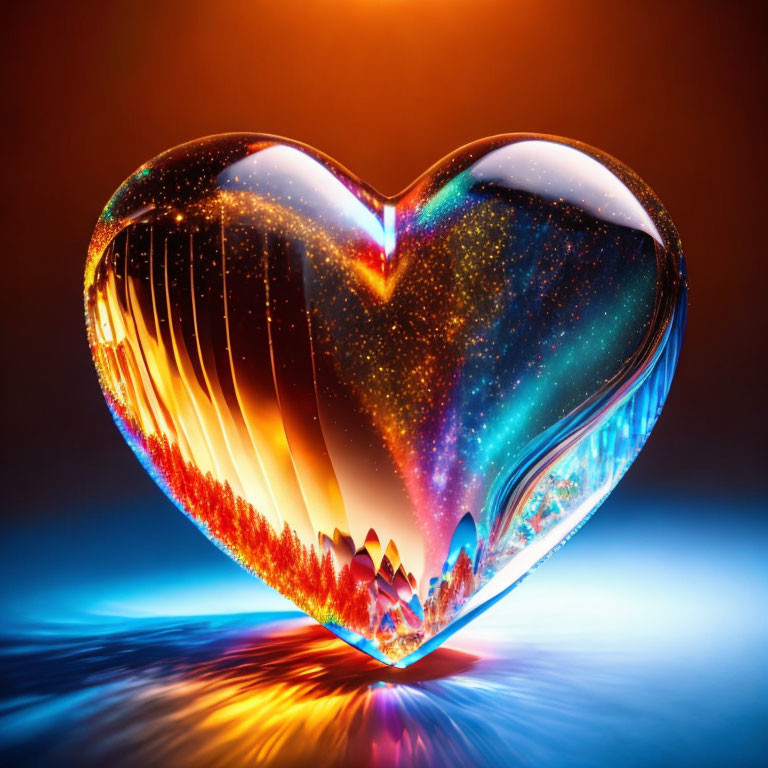 Colorful Heart with Cosmic and Forest Design on Glossy Surface Against Gradient Background