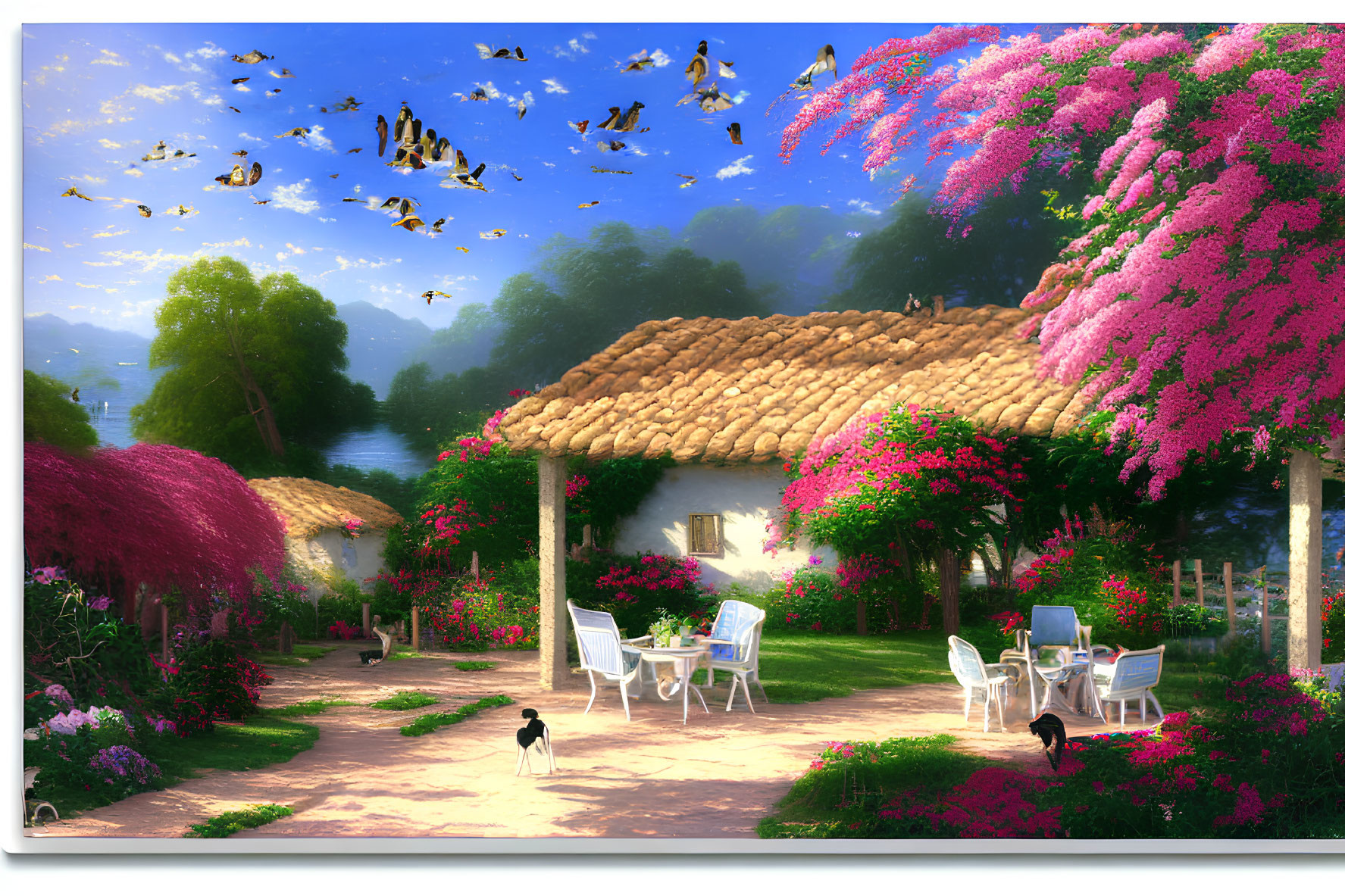 Tranquil garden scene with pink trees, cottage, chairs, dog, birds, and lake