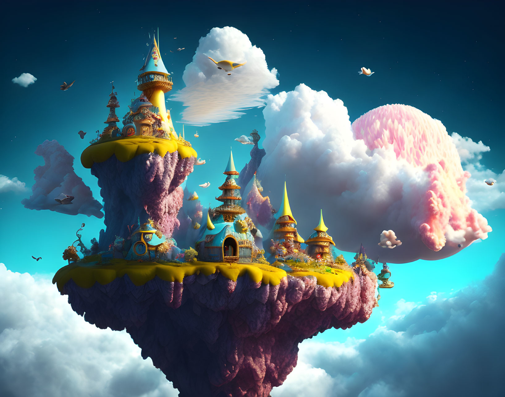 Whimsical floating islands with castles under a blue sky