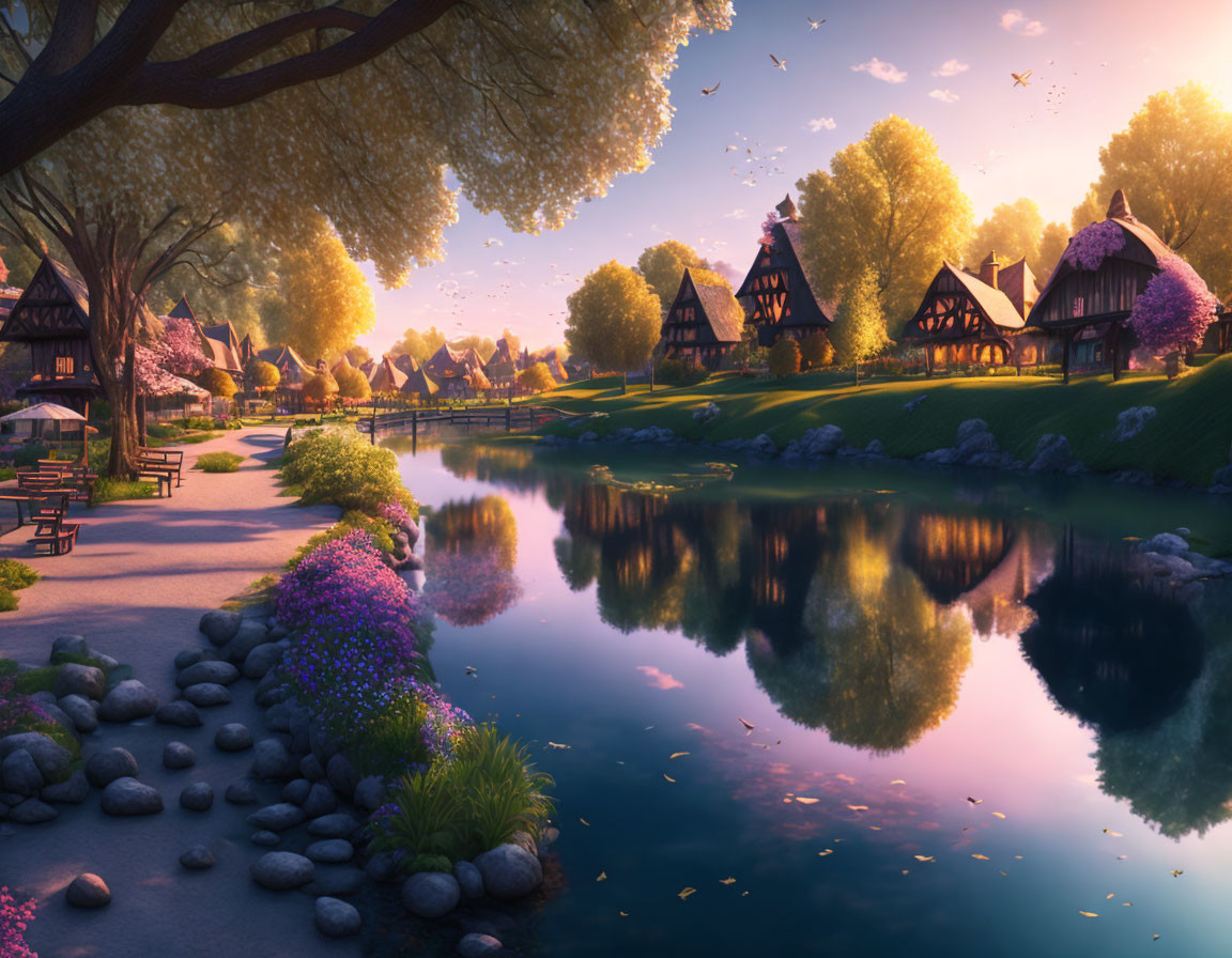 Tranquil sunset scene: village by river with thatched-roof houses, blooming flowers,