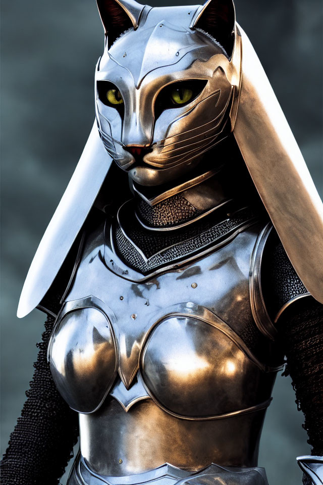 Detailed metallic cat-themed costume with feline helmet and silver armor