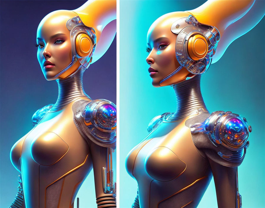 Sleek metallic female android with glowing blue elements and advanced headgear.