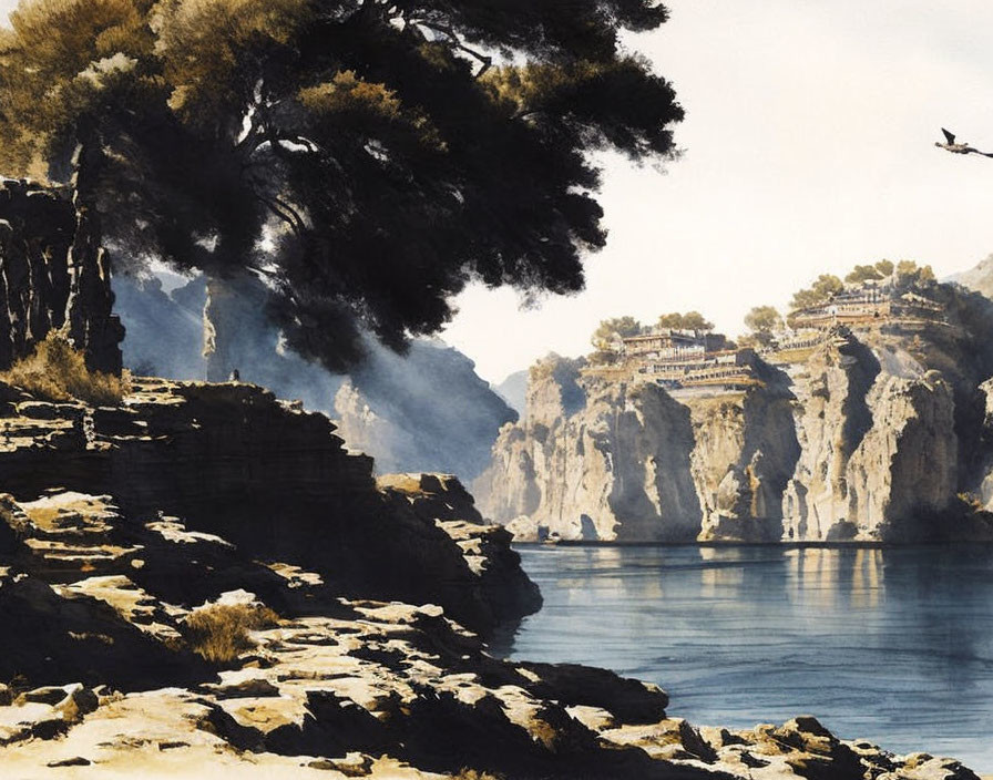 Tranquil landscape with rocky cliff, calm water, lush trees, and bird in sky