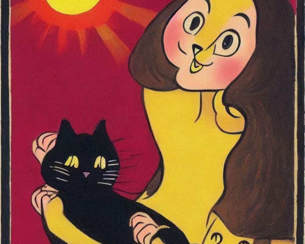 Illustration of smiling woman with black cat and kitten on pink background