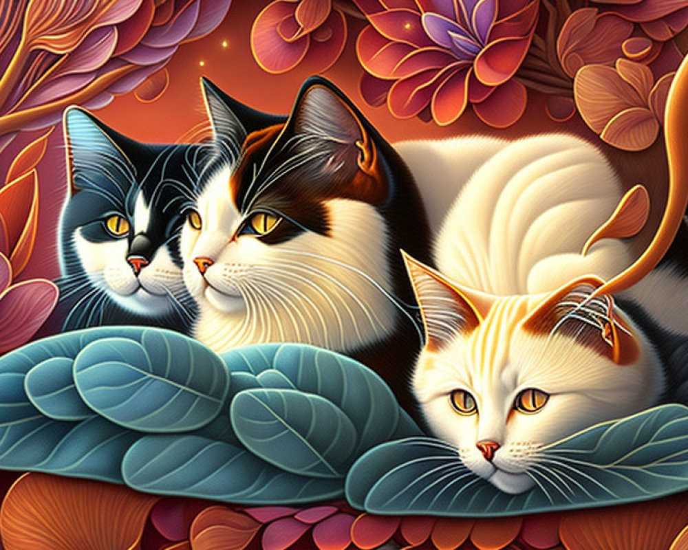 Colorful Stylized Cats with Vibrant Fur Patterns and Floral Backdrop