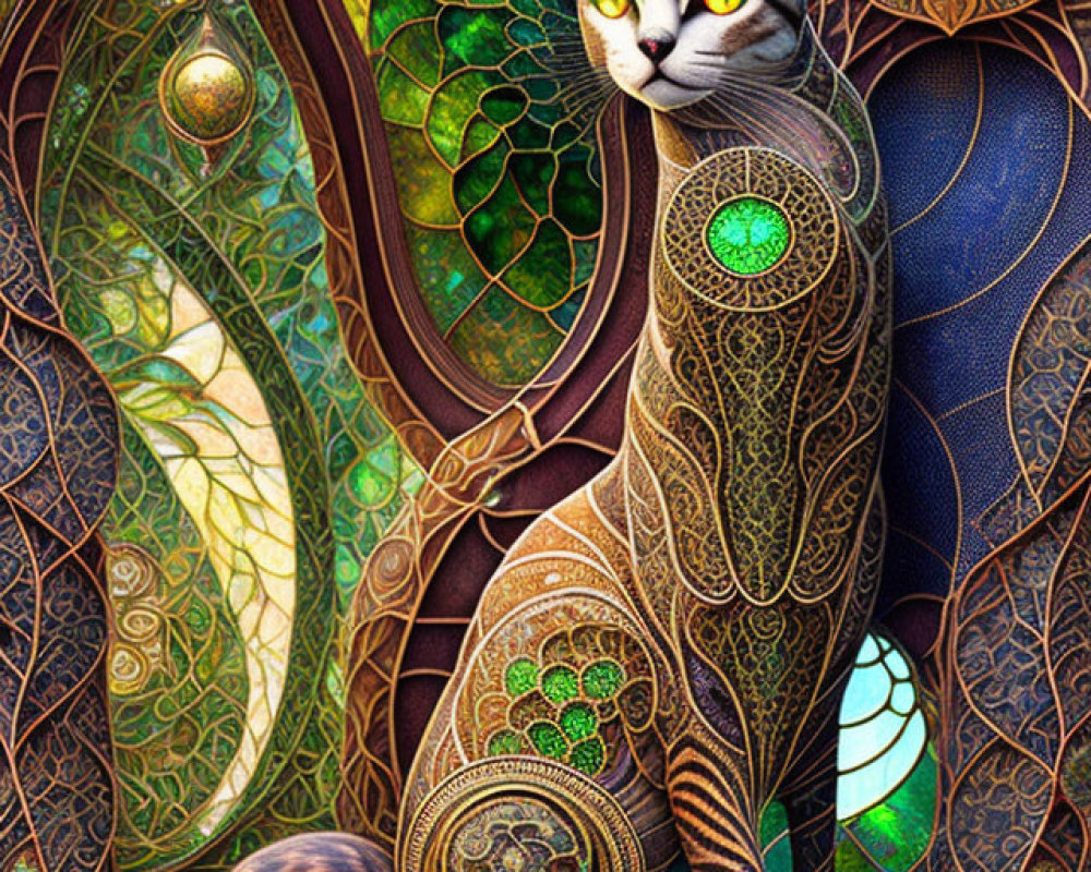 Colorful Stained-Glass Cat Art with Swirling Patterns