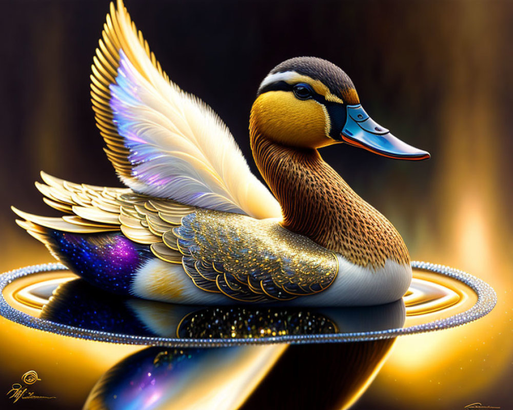 Vibrant golden and blue illustrated duck floating on reflective water surface