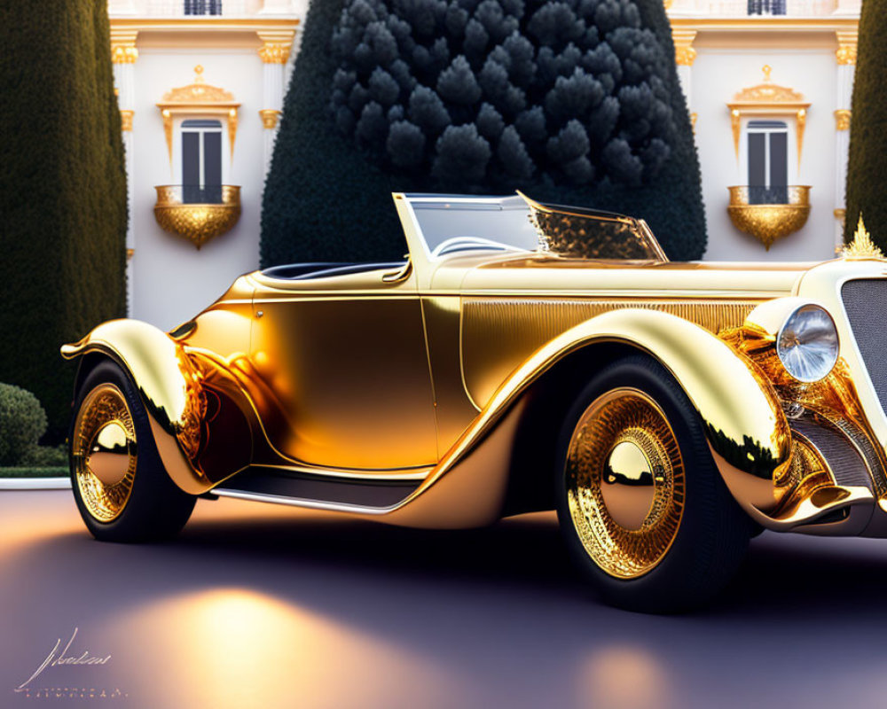 Vintage gold car parked in front of elegant building with topiary trees