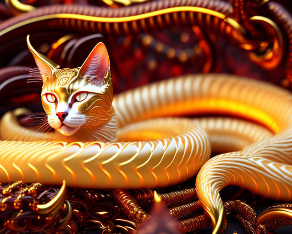 Intricate Golden Cat Artwork with Swirling Warm Patterns