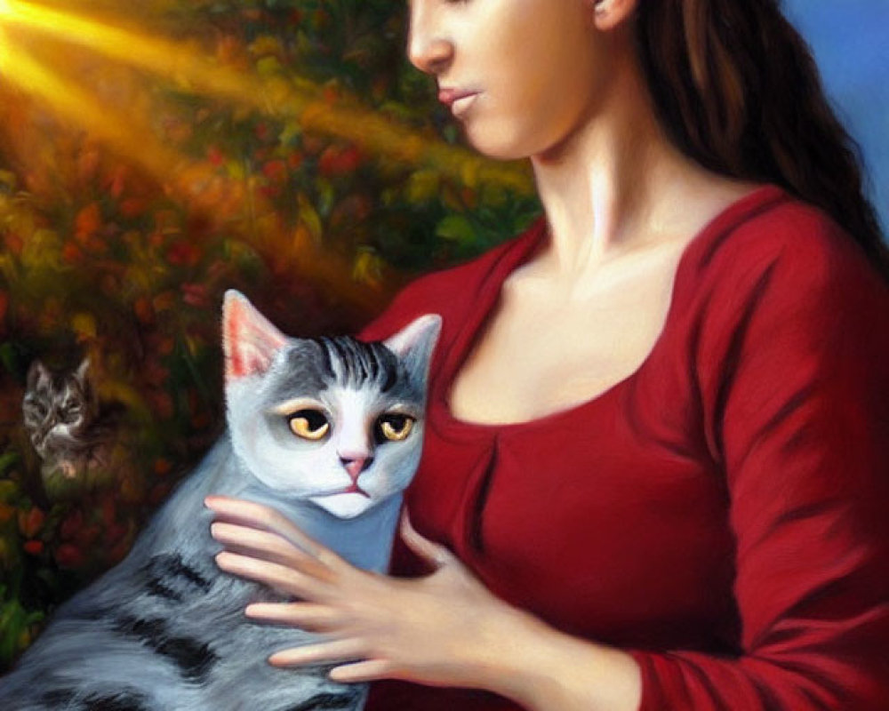 Woman in red top and yellow skirt holding grey and white cat in sunlight.